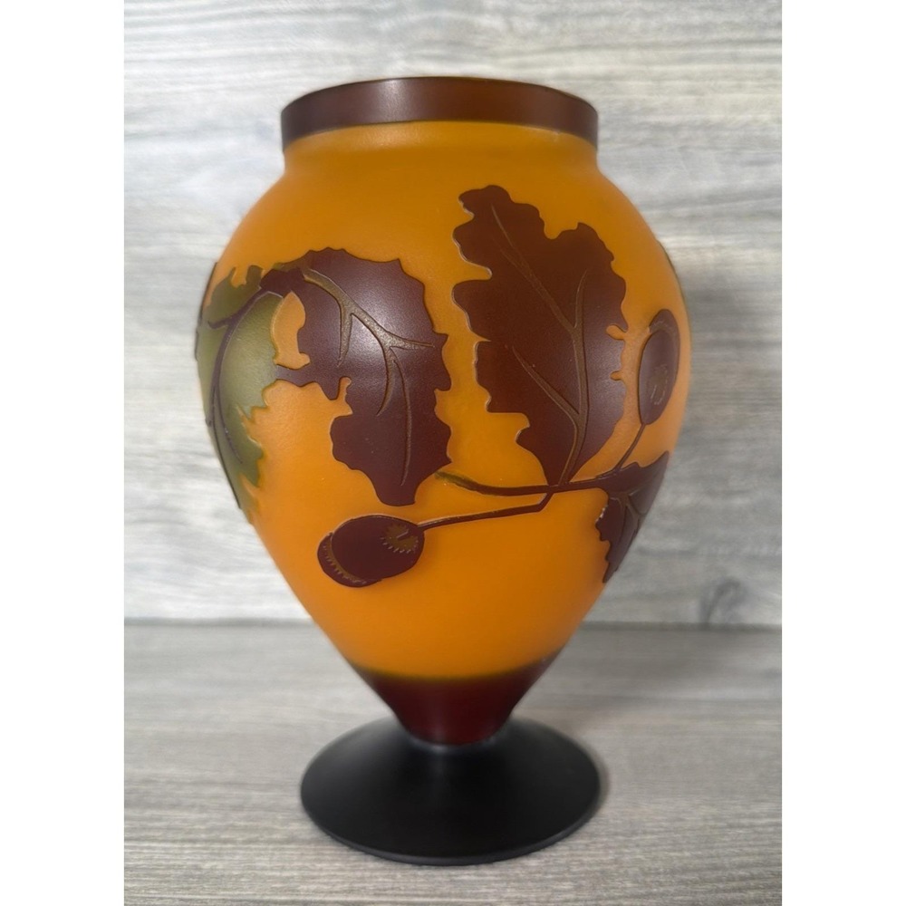 Vtg Cameo Art Glass Oak Leaves And Acorns Vase Galle' Style Orange Autumn 7.5"